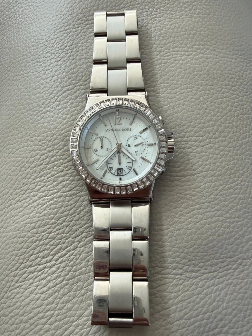Michael Kors MK5411 Dylan Crystal Bezel Mother of Pearl Silver Chronograph Watch